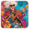 Stylized image of a grey haired woman wearing super bright colors shredding on a guitar.
