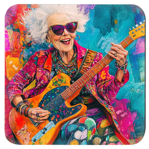 Stylized image of a grey haired woman wearing super bright colors shredding on a guitar.