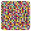 Square coaster with multi colored square geometric design.