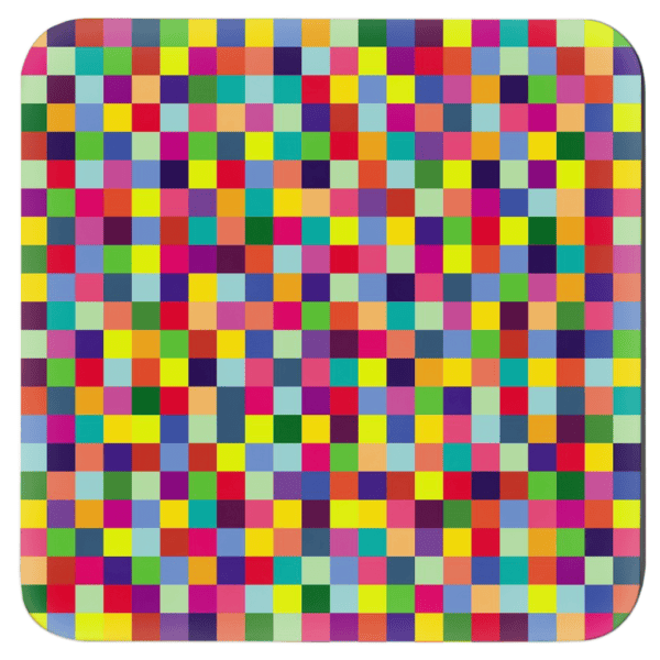 Square coaster with multi colored square geometric design.