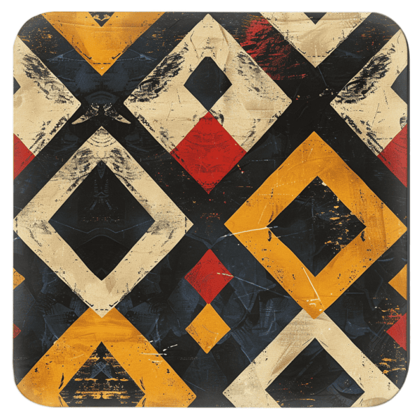 Square coaster with a geometric tribal design.