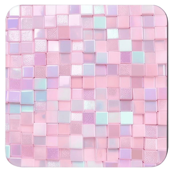 Square coaster with image of pink mosaic tiles printed on it.