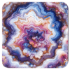 Square coaster with purple, blue, which and gold agate slice design.
