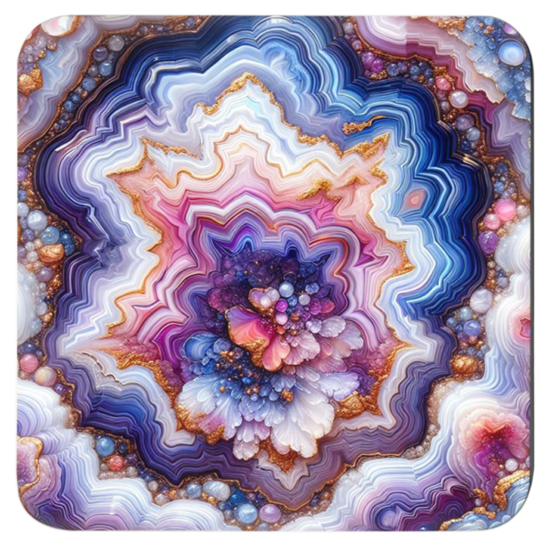 Square coaster with purple, blue, which and gold agate slice design.
