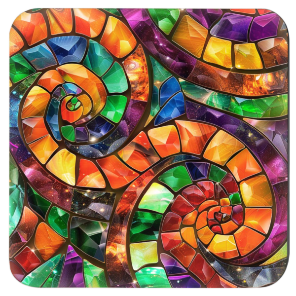 Colorful swirling mosaic glass design coaster flat on table.
