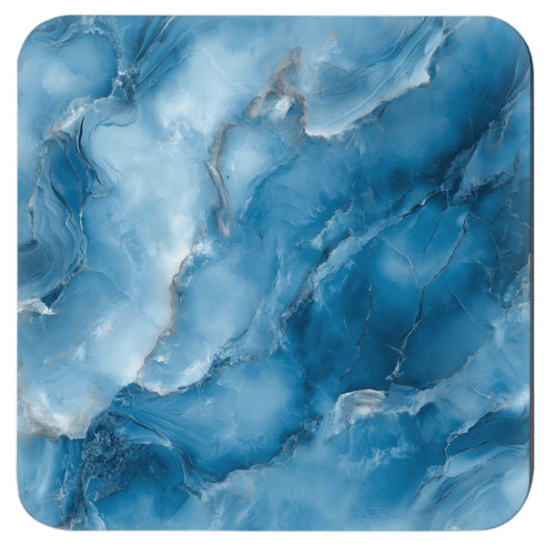 Blue and white marble print coaster flat on a table.