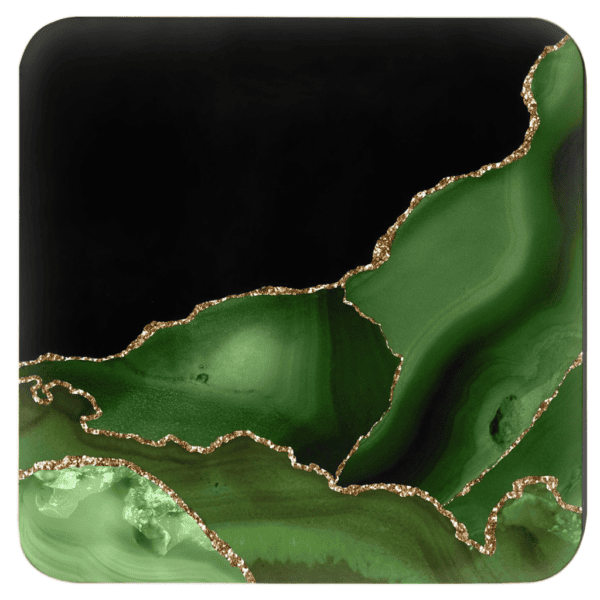 Square coaster with green, black and gold agate marble design.