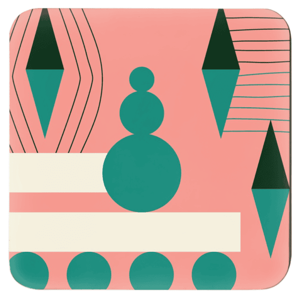 Square coaster with a mid century modern design in salmon pink, teal, green and off white colors.