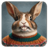 Anthropomorphic rabbit with exaggerated front teeth in a goofy school‑photo style portrait.