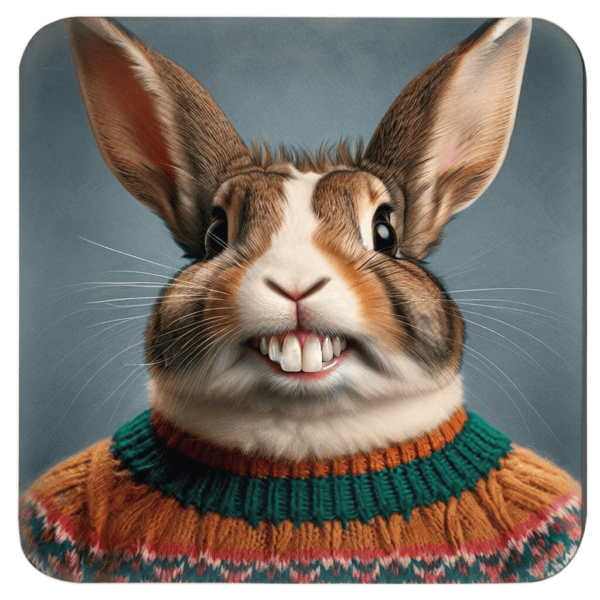 Anthropomorphic rabbit with exaggerated front teeth in a goofy school‑photo style portrait.