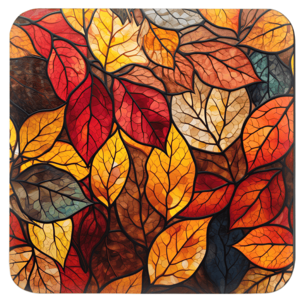 Fall leaves design that looks like stained glass coaster.
