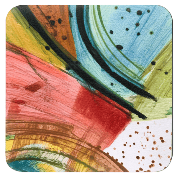 Square coaster with colorful abstract art printed on it.