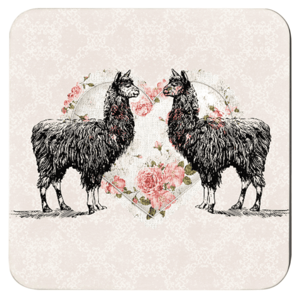 coaster set with image of shabby chic style background and two alpaca images.