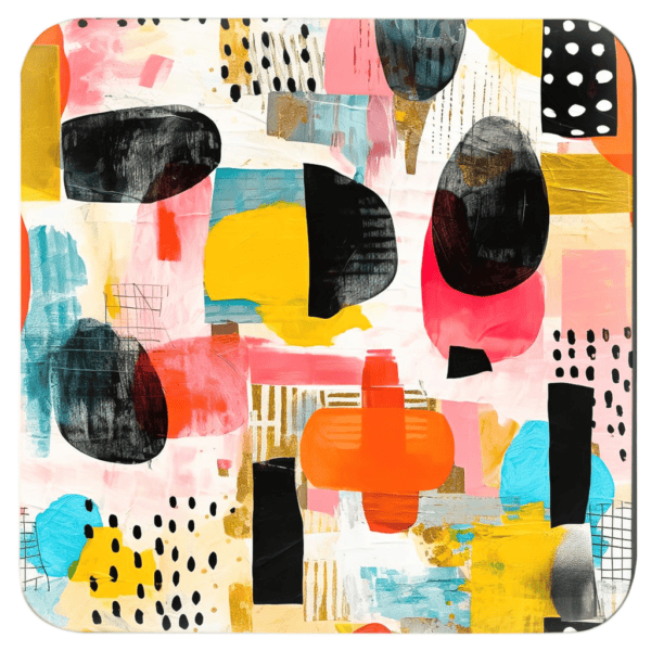 Square coaster with colorful abstract art print on it.