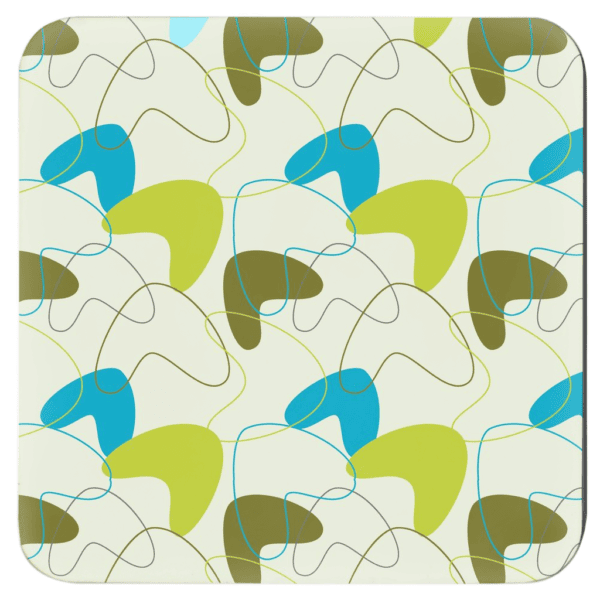 Set of 4 coasters with lime, olive and turquoise mid century modern print design.
