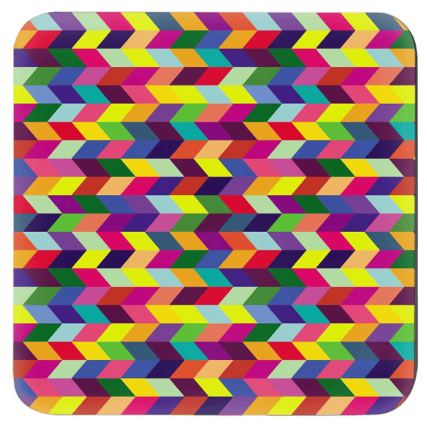 Square coaster with multi colored polygon geometric design.