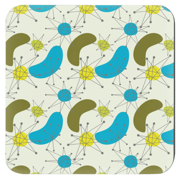 Set of 4 coasters with lime, olive and turquoise mid century modern print design.