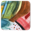 Square coaster with colorful abstract art printed on it.