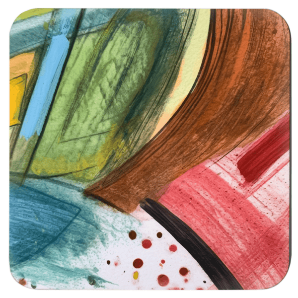 Square coaster with colorful abstract art printed on it.