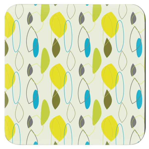 Set of 4 coasters with lime, olive and turquoise mid century modern print design.