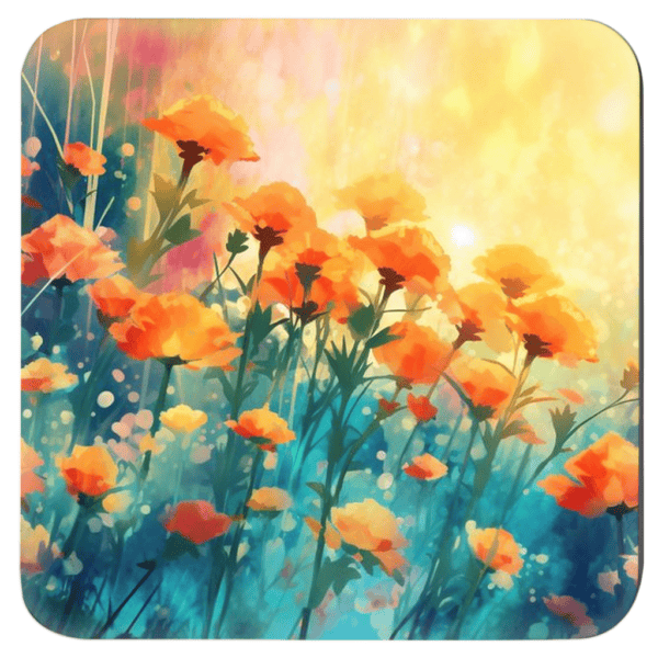Square coaster with a watercolor image of poppies.