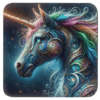 Square coaster with n image of fantasy style unicorn with rainbow accents.