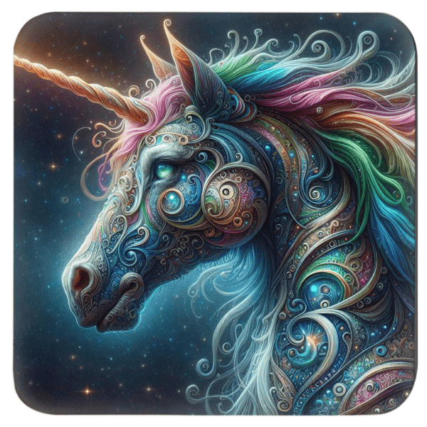 Square coaster with n image of fantasy style unicorn with rainbow accents.