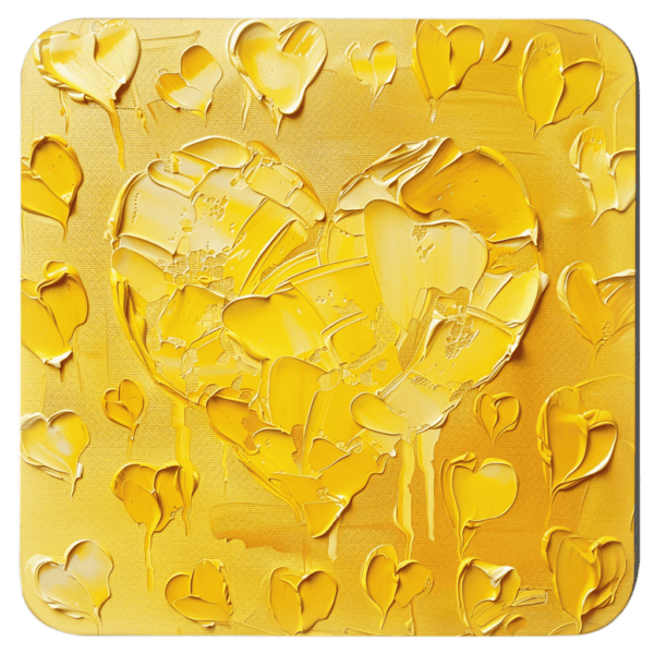 Square coaster with yellow impasto style heart painting print.