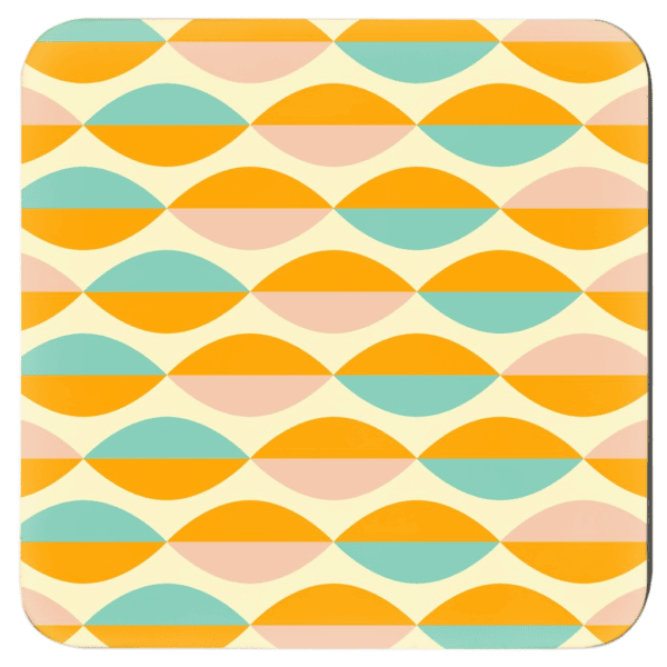 Square coaster with a mid century modern oval design in yellow, light pink, orange, aqua.