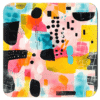 Square coaster with colorful abstract art print on it.