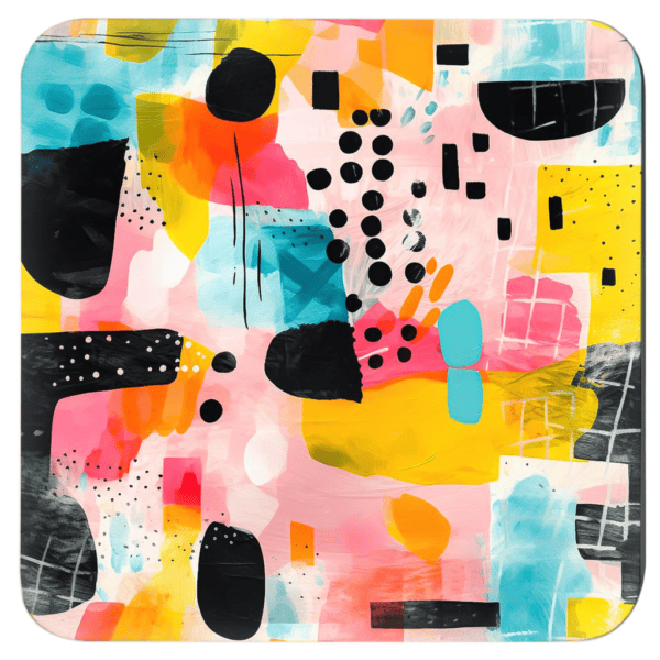 Square coaster with colorful abstract art print on it.