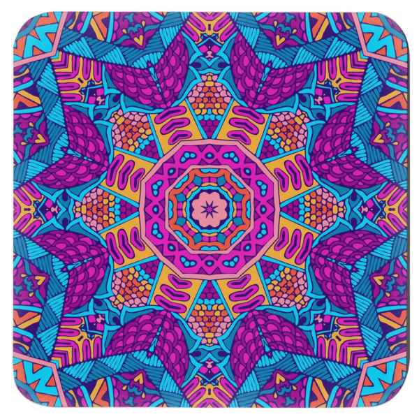 Colorful mandala design coaster shown stacked on a table.