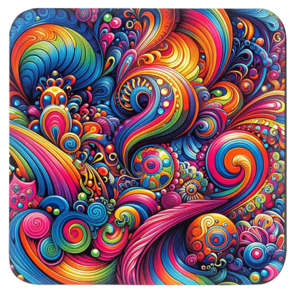 Square coaster with a 70's retro swirling bright psychedelic colors trippy design.