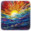 Square coaster with a rainbow mosaic stained glass style image printed on it.