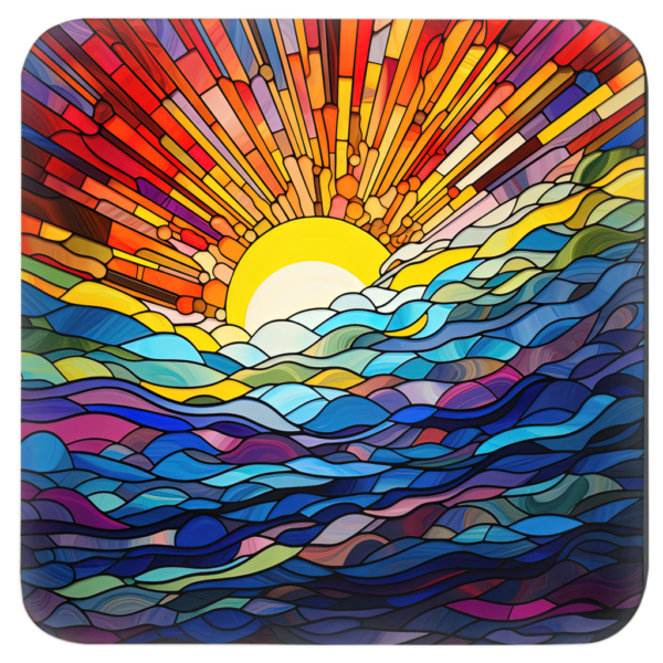 Square coaster with a rainbow mosaic stained glass style image printed on it.