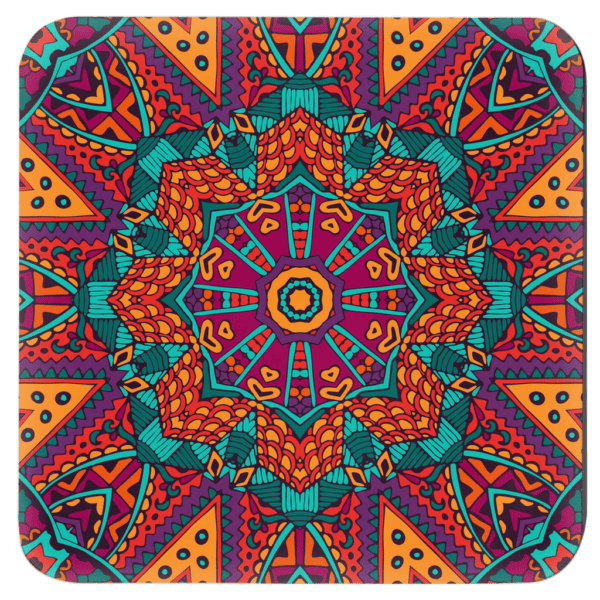 Colorful mandala design in orange, purple and turquoise colors.