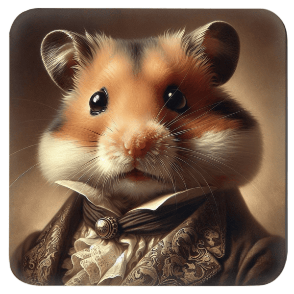 Square coaster with an image of a portrait anthropomorphic hamster dressed in Victorian clothing.