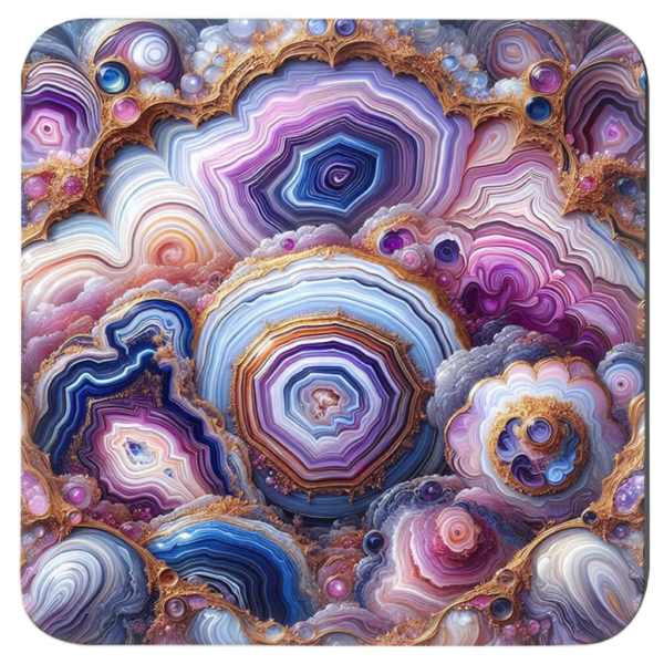 Square coaster with purple, blue, which and gold agate slice design.