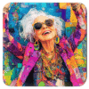 Stylized image of a grey haired woman wearing super bright colors dancing.