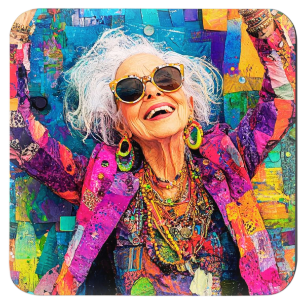 Stylized image of a grey haired woman wearing super bright colors dancing.