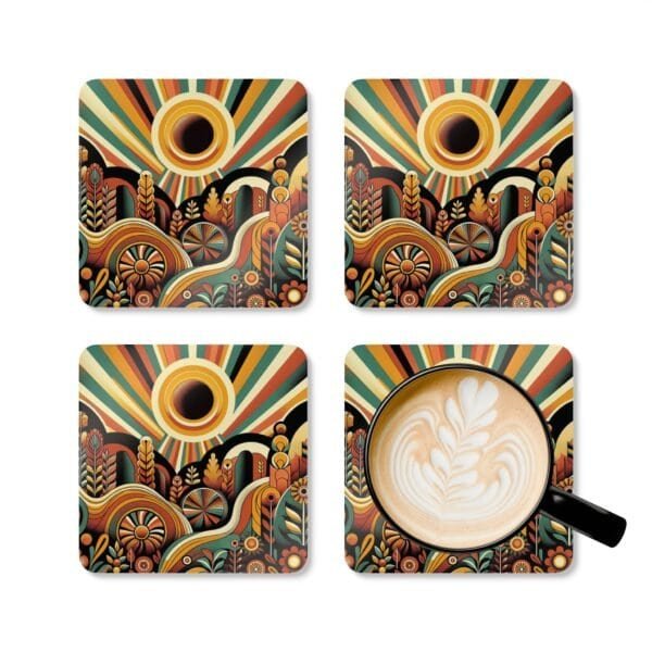 Coaster set with a retro sunset design in mid century modern colors and elements.