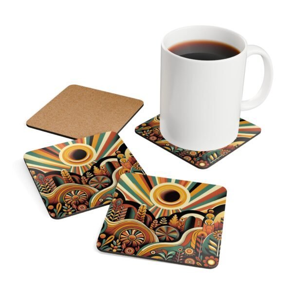 Coaster set with a retro sunset design in mid century modern colors and elements.