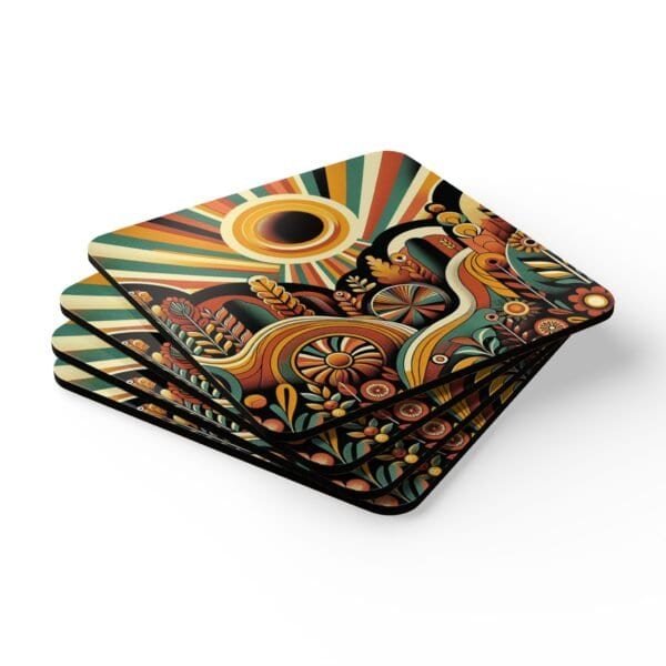 Coaster set with a retro sunset design in mid century modern colors and elements.