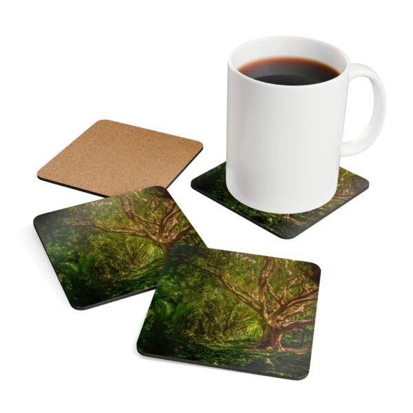 Set of 4 coasters with an image of a large green tree in the forest printed on them. Shown with a mug for scale.