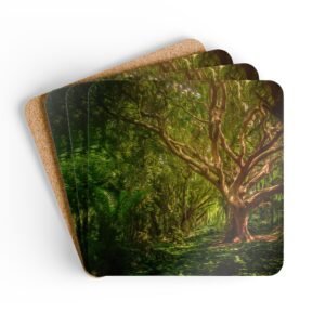 Set of 4 coasters with an image of a large green tree in the forest printed on them. Shown stacked on a table.