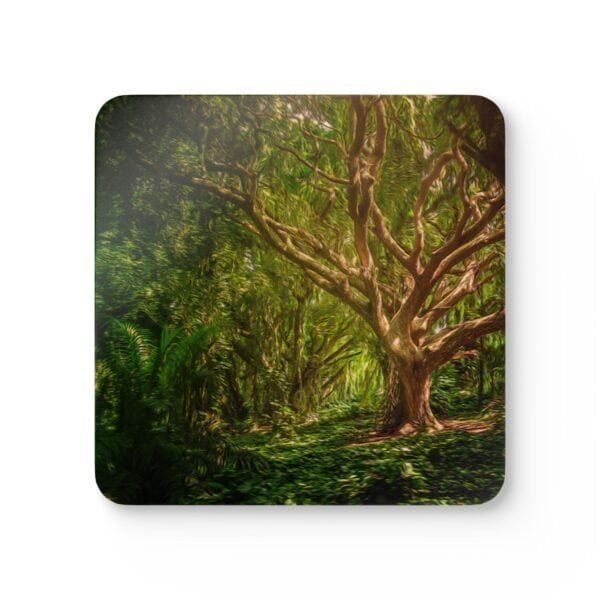 Square coaster with an image of a large green tree in the forest printed on it.