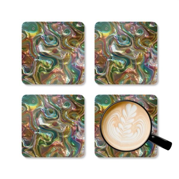 Iridescent look marble print coaster set shown with mug for scale.
