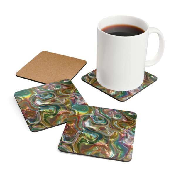 Iridescent look marble print coaster set shown with mug for scale.