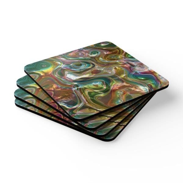 Iridescent look marble print coaster set stacked on a table.