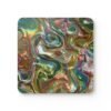 Iridescent look marble print coaster on table.
